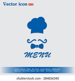 Chef hat and big mustache. Menu card. Vector illustration. 