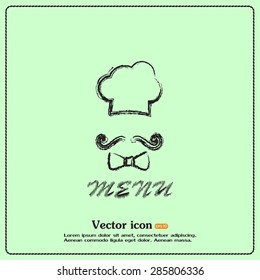 Chef hat and big mustache. Menu card. Vector illustration. 