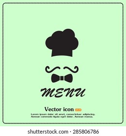 Chef hat and big mustache. Menu card. Vector illustration. 