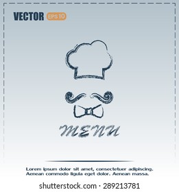 Chef hat and big mustache. Menu card. Vector illustration. 