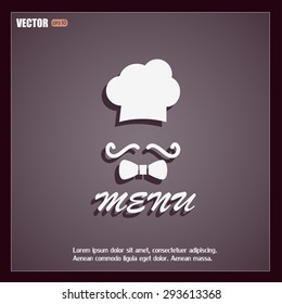 Chef hat and big mustache. Menu card. Vector illustration. 