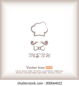 Chef hat and big mustache. Menu card. Vector illustration. 