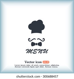 Chef hat and big mustache. Menu card. Vector illustration. 