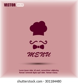 Chef hat and big mustache. Menu card. Vector illustration. 
