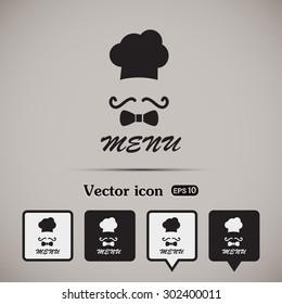 Chef hat and big mustache. Menu card. Vector illustration. 