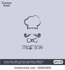 Chef hat and big mustache. Menu card. Vector illustration. 