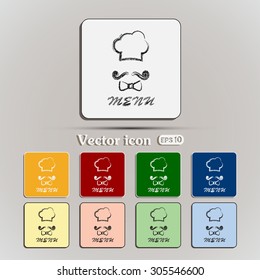 Chef hat and big mustache. Menu card. Vector illustration. 