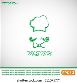 Chef hat and big mustache. Menu card. Vector illustration. 