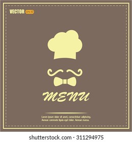 Chef hat and big mustache. Menu card. Vector illustration. 