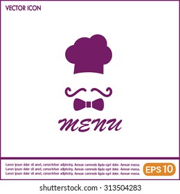 Chef hat and big mustache. Menu card. Vector illustration. 