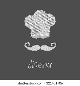 Chef hat and big mustache. Menu card. Flat design style. Dark background Scribble effect Vector illustration.