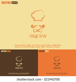 Chef hat and big mustache. Menu card. Vector illustration. 