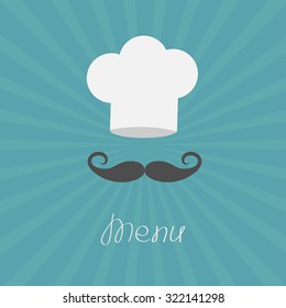 Chef hat and big mustache. Menu card. Flat design style. Starburst background Vector illustration.