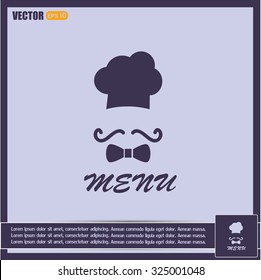 Chef hat and big mustache. Menu card. Vector illustration. 
