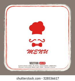 Chef hat and big mustache. Menu card. Vector illustration. 