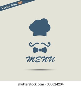 Chef hat and big mustache. Menu card. Vector illustration. 