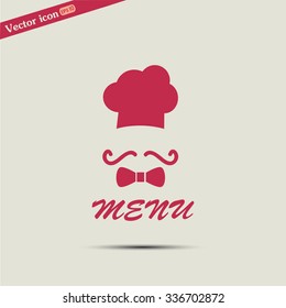 Chef hat and big mustache. Menu card. Vector illustration. 
