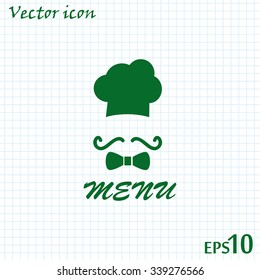 Chef hat and big mustache. Menu card. Vector illustration. 