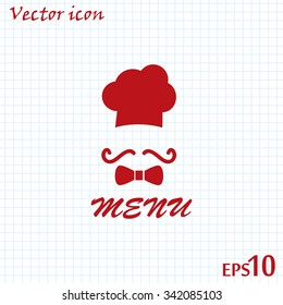 Chef hat and big mustache. Menu card. Vector illustration. 