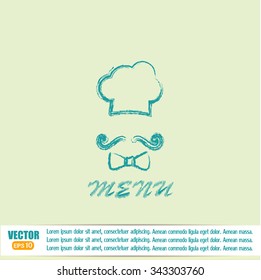 Chef hat and big mustache. Menu card. Vector illustration. 