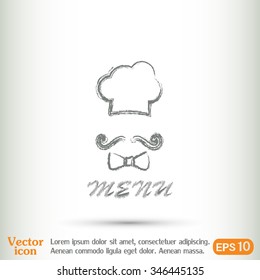 Chef hat and big mustache. Menu card. Vector illustration. 