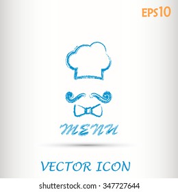 Chef hat and big mustache. Menu card. Vector illustration. 