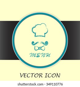 Chef hat and big mustache. Menu card. Vector illustration. 