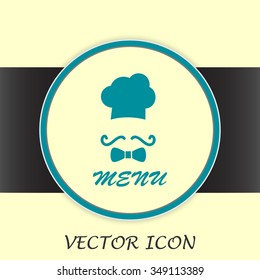 Chef hat and big mustache. Menu card. Vector illustration. 