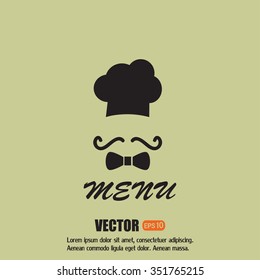 Chef hat and big mustache. Menu card. Vector illustration. 