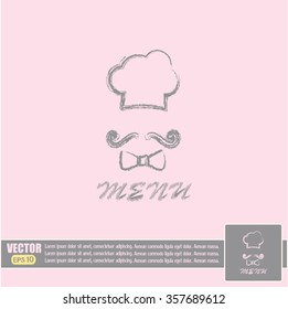 Chef hat and big mustache. Menu card. Vector illustration. 