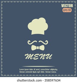 Chef hat and big mustache. Menu card. Vector illustration. 