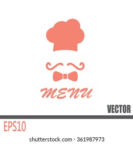 Chef hat and big mustache. Menu card. Vector illustration. 