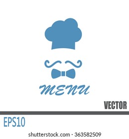 Chef hat and big mustache. Menu card. Vector illustration. 