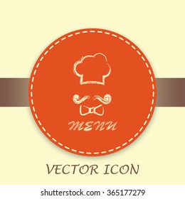 Chef hat and big mustache. Menu card. Vector illustration. 
