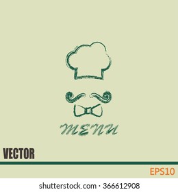 Chef hat and big mustache. Menu card. Vector illustration. 