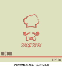 Chef hat and big mustache. Menu card. Vector illustration. 