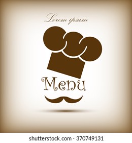 Chef hat and big mustache. Menu card. Flat design style. Vector 