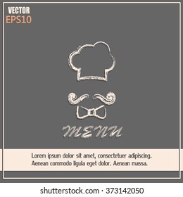 Chef hat and big mustache. Menu card. Vector illustration. 