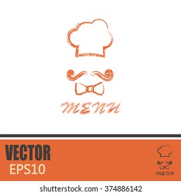 Chef hat and big mustache. Menu card. Vector illustration. 