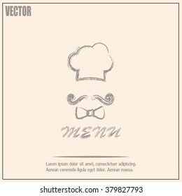 Chef hat and big mustache. Menu card. Vector illustration. 