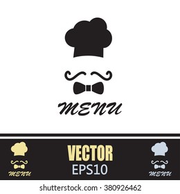 Chef hat and big mustache. Menu card. Vector illustration. 