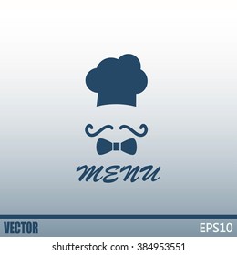 Chef hat and big mustache. Menu card. Vector illustration. 