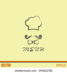 Chef hat and big mustache. Menu card. Vector illustration. 