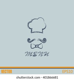 Chef hat and big mustache. Menu card. Vector illustration. 