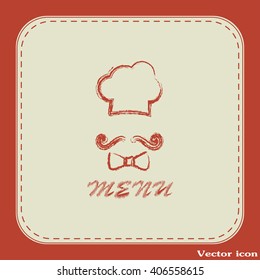 Chef hat and big mustache. Menu card. Vector illustration. 