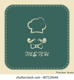 Chef hat and big mustache. Menu card. Vector illustration. 