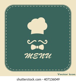 Chef hat and big mustache. Menu card. Vector illustration. 