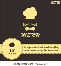 Chef hat and big mustache. Menu card. Vector illustration. 