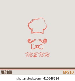 Chef hat and big mustache. Menu card. Vector illustration. 