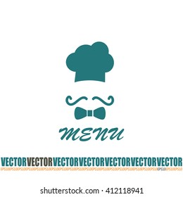 Chef hat and big mustache. Menu card. Vector illustration. 